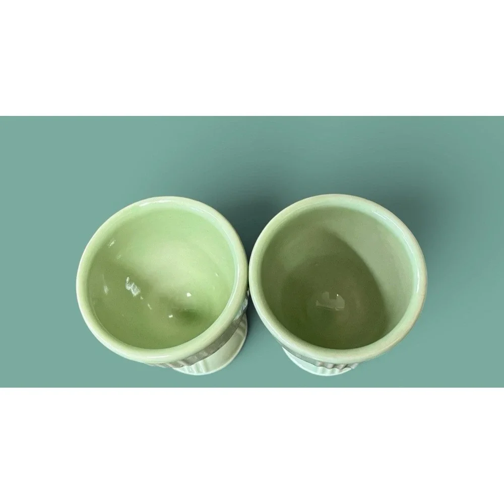 2 Hamkscraft Vintage Porcelain Ceramic Double Egg Cups Ribbed Pastel Green Mint